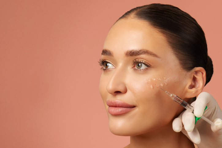 Cosmetologist making rejuvenating anti wrinkle injections on young woman face. Female aesthetic cosmetology in a beauty salon